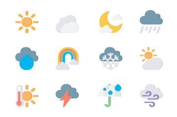 Wall Mural - weather 3d icons set. pack flat pictograms of sun, cloud, moon, rain, drop, rainbow, snowflake, clou