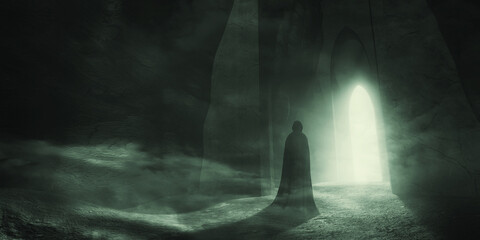 Wall Mural - mysterious silhouette in dark tunnel with light at the end