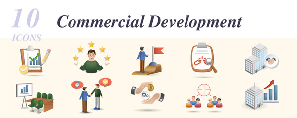  Commercial development set. Creative icons: performance evaluations, professionalism, career path, weakness analysis, partnership cooperation, conference room, appointment setting, sales automation