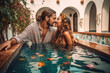 Happy couple enjoying their honeymoon vacation in plunge pool with rose petals at luxury villa, created with Generative AI