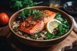 Nutritious bowl with grilled salmon and quinoa. Generative AI