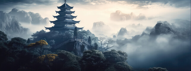 A Mystical Temple In The Clouds Panoramic Background. Generative AI