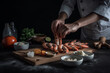 © PETR BABKIN - chef preparing shrimp on wooden board. Generative Ai