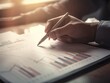 © Grüner - Business Schreibtisch zur Bilanz und Analyse von Problemen und finden Lösungen zur Weiterentwicklung von Unternehmensorganisation und Aktienmarktsystem, Generative AI.