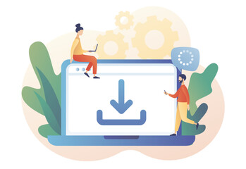 Wall Mural - download concept. install symbol. tiny people downloading data, files on laptop. load sign. modern f