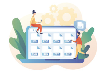 Various file formats on laptop. File type: jpg, pdf, doc,  zip, gif, csv, xls, ppt, png. Extension of electronic documents. Modern flat cartoon style. Vector illustration on white background