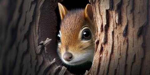 Wall Mural - Creepy squirrel up a tree Generative AI