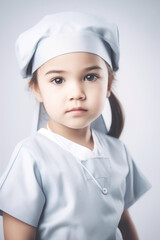 Wall Mural - Portrait of a cute little girl dressed as a nurse or doctor, Generative AI