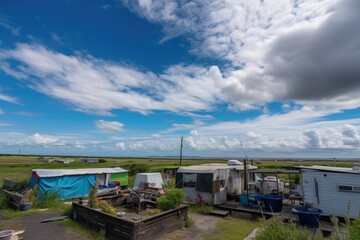 Wall Mural - rooftop view of campsite with blue sky and clouds in the background, created with generative ai