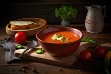 Poster -  Traditional spanish gazpacho soup in bowl with ingredients on wooden table. Ai generative