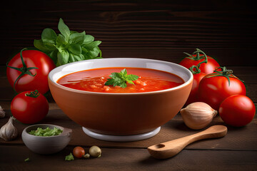 Poster - Traditional spanish gazpacho soup in bowl with ingredients on wooden table. Ai generative