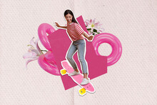 Composite Collage Picture Image Of Funny Funky Young Female Skating Longboard Have Fun Summer Vacation Pink Inflatable Rings Weekend