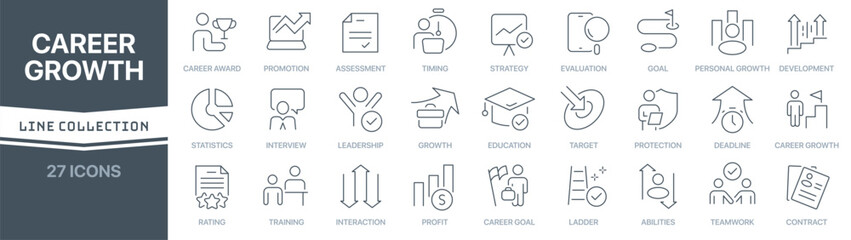 Career growth linear signed icon collection. Signed thin line icons collection. Set of career growth simple outline icons