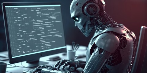 Wall Mural - artificial intelligence robot using computer software for gpt binary coding. distinct generative ai 