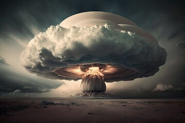 Wall Mural - giant mushroom cloud blooming over dark and stormy sky, created with generative ai