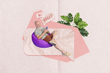 Sticker - Composite collage picture image of old cool retired pensioner man sitting bean bag hold device gadget social media wifi connection blogger