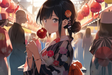 Girl buying and eating candy apples at a festival stall, Generative AI