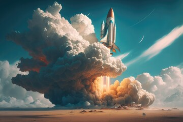 Canvas Print - rocket ship breaking the atmosphere, with view of blue sky and clouds visible, created with generati
