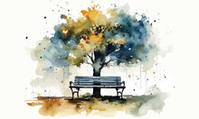 Tree Park Bench Watercolor Vector Background