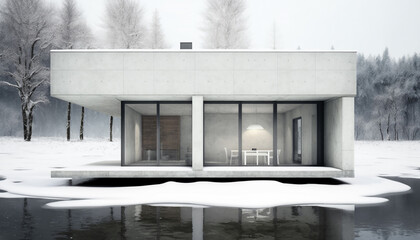 Modern exterior house on the lake, winter concept mockup, generative ai