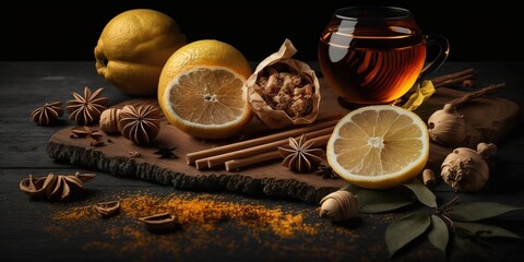 Wall Mural - Lemon, ginger, honey, dry cinnamon, and black tea on a black hardwood backdrop, seen from the side. blanks for writing Generative AI
