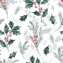 Watercolor Winter Palnt Seamless Pattern. Holly And Rosemary Print On White Background With Splashes. Hand Drawn Christmas Illustration For Fabric, Wrapping Paper