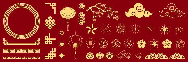 Chinese traditional patterns, flowers, lanterns, clouds, elements and ornaments. Vector decorative jewelry collection in Chinese and Japanese style for card, print, flyers, posters, merch, covers. 