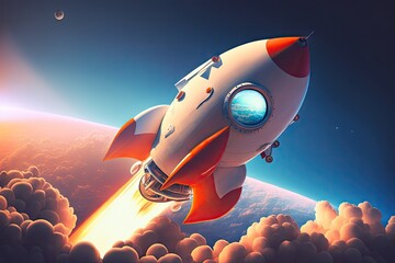 Wall Mural - cute rocket taking off and soaring through the sky, with view of earth visible in the background, cr