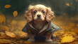 © Руслан Хайруллин - A dog with his clothes on in the street surrounded by leaves , Generative Ai