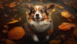 © Руслан Хайруллин - A dog with his clothes on in the street surrounded by leaves , Generative Ai