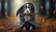 © Руслан Хайруллин - A dog with his clothes on in the street surrounded by leaves , Generative Ai