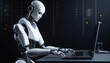© Руслан Хайруллин - AI chatbot robot assistant sitting at desk using computer as artificial intelligence. Business concept. AI generated