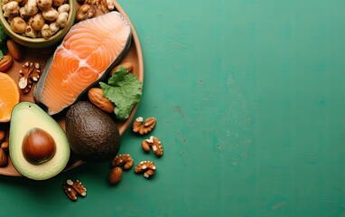 Healthy food concept with avocado salmon and nuts top view angle Generative AI
