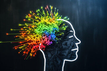 Wall Mural - outlined silhouette of a head with colourful energy and creative energy emanating from it. Generative Ai.
