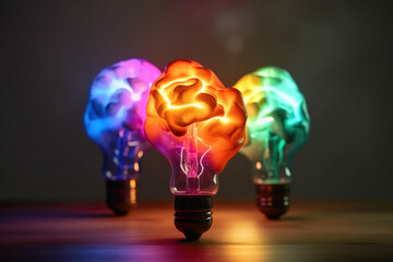 Wall Mural - 3 colourful lightbulbs with brain like energy within. Generative Ai.