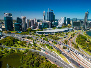 Poster - Aerial view of Perth city and highway traffic in Australia