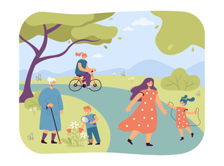 Sticker - Happy people having fun in the park vector illustration. Cartoon drawing of boy with grandmother, child skipping with mother, girl riding bicycle. Outdoor activity, leisure, summer concept