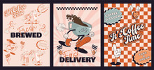  Coffee Retro Cartoon Fast Food Posters. Comic Character, Slogan, Quotes And Other Elements For Burger Bar, Cafe, Restaurant. Groovy Funky Vector Illustration In Trendy Retro Cartoon Style.
