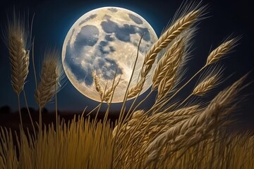 Wall Mural - close-up of moon, shining over tranquil harvest moon night, created with generative ai