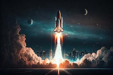 Wall Mural - rocket blasting off into the night sky, with city lights in the background, created with generative 