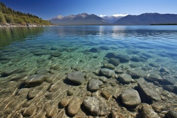 Wall Mural - crystal clear lake, with view of towering mountain range in the background, created with generative ai