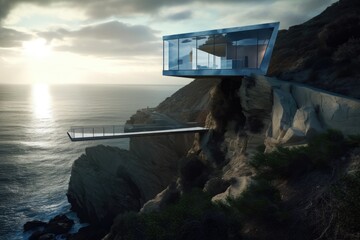 Poster - futuristic house perched on the edge of a cliff, with incredible view, created with generative ai