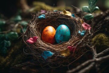 Wall Mural - Vibrant Easter egg in a nest. Generative AI