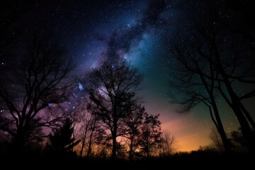 Wall Mural - nebulae and stars in a night sky, with a silhouette of trees in the foreground, created with generat