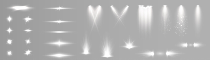 Leinwandbilder - Set of white light spotlights, flashes of light on a transparent background. Vector glowing light effect.