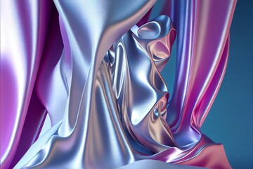 Colorful silk background with silver, pink, and blue, iridescence. Curtains and drapery. Generative AI