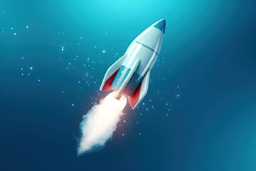 Digital illustration of rocket taking off releasing smoke on blue background. Generative AI