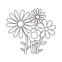 Wall Mural - Contour groovy flowers in 70s and 60s style. Vintage hippie outline bouquet. Psychedelic seventies daisies. Vector coloring page.