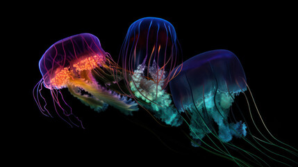 glowing jellyfish swim deep in the blue sea. jellyfish neon jellyfish fantasy on black background. g