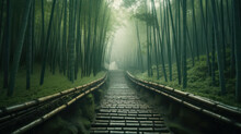 Bridge In The Bamboo Forest On A Rainy Warm Summer Day. Drizzle And Fog.Generative AI